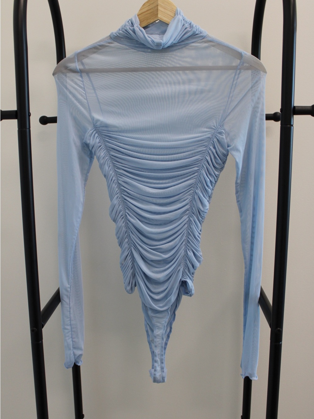 We The Free Light Blue Ruched Mesh Long Sleeve Bodysuit